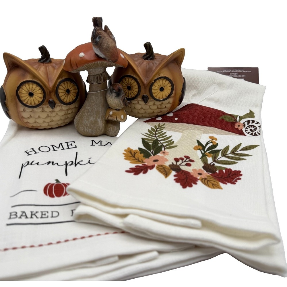 Lot of 5 Fall Decor Kitchen Towels Mushroom Birds Owls Decoration NEW
